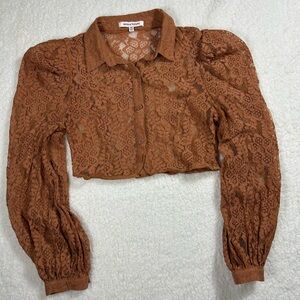 Jealous Tomato Rust Lace Cropped Blouse Puff Sleeve Button Front M